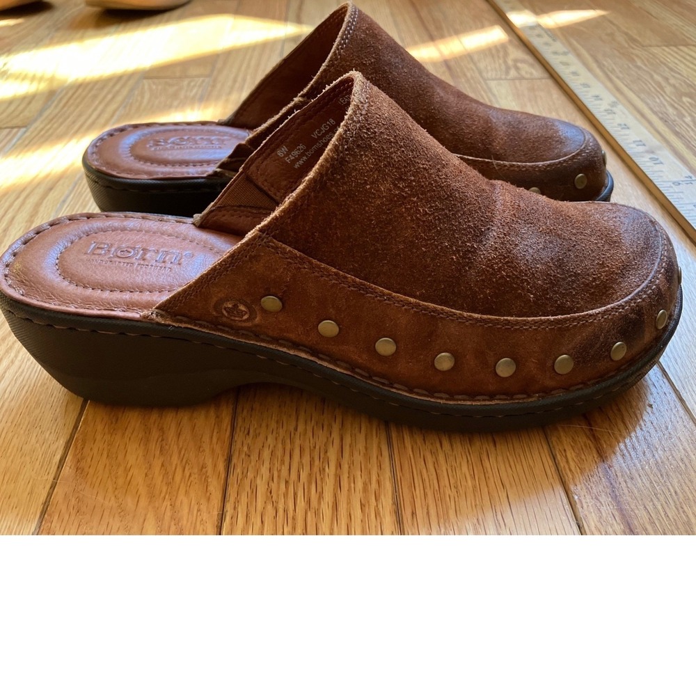 Vtg Brown Suede Studded Leather Clogs Mules Wedge Shoes Womens 8W Granola‎ Girl - Picture 4 of 9